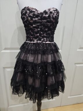 Vintage Style Deb Masquerade Black Pink Homecoming Tiered Lace Sequin Mini Dress